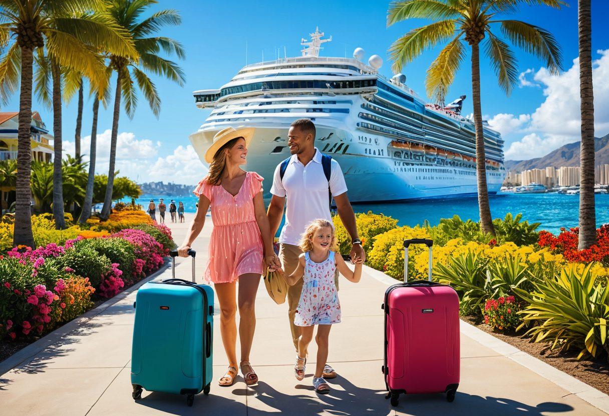 A family joyfully boarding a colorful cruise ship with their luggage in hand, surrounded by a sunny harbor with palm trees and vibrant flowers, showing a friendly park area nearby with kids playing. The scene should convey a sense of adventure and happiness while highlighting affordability and accessibility for family vacations. bright colors. super-realistic.