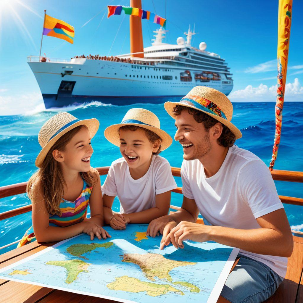 A vibrant family enjoying a cruise holiday on a sunny deck, surrounded by blue ocean waves and playful dolphins. The scene includes a budget-friendly travel tips board, complete with infographics and colorful icons. Cheerful children wearing hats are playing, while parents discuss plans over a map. The ship is adorned with colorful banners. bright colors. super-realistic.