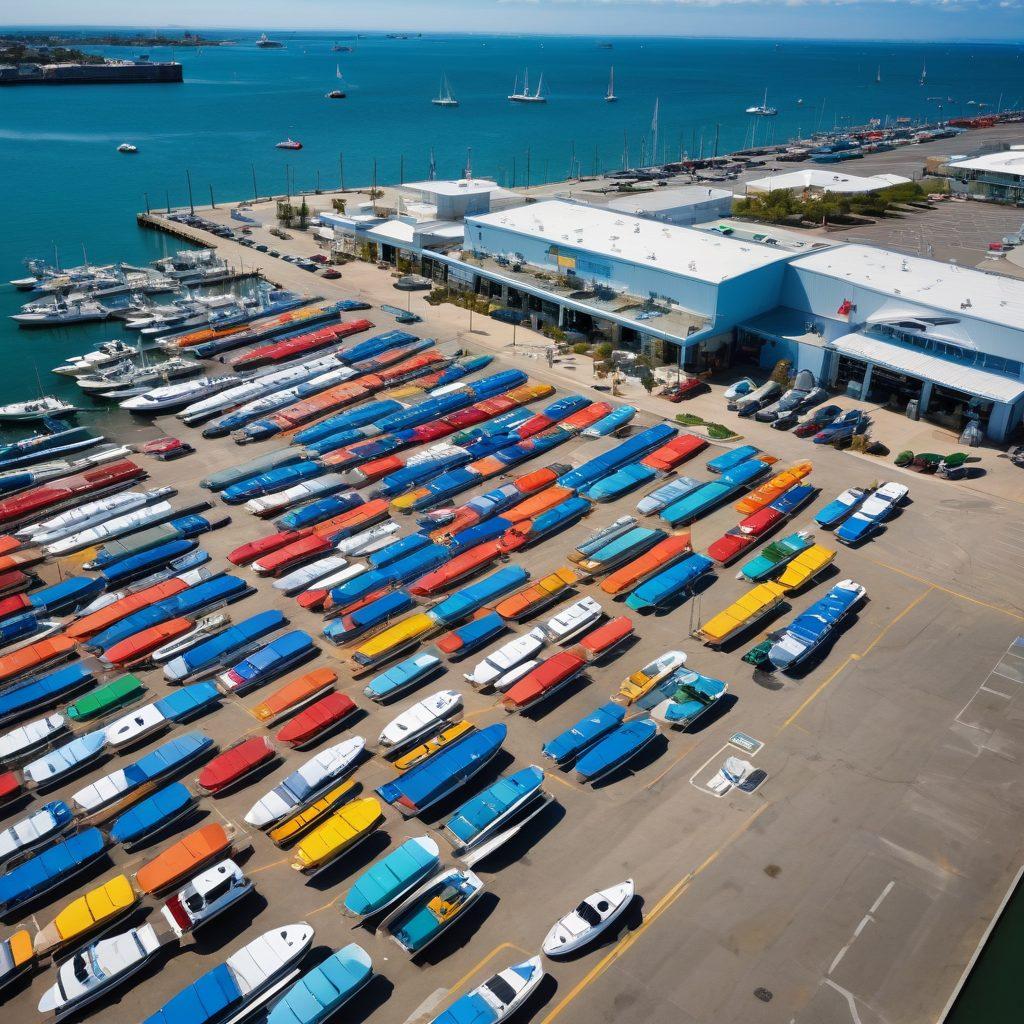 An aerial view of a bustling marine terminal with a variety of colorful boats docked, surrounded by well-organized parking lots filled with cars. In the foreground, a customer is checking parking options on a smartphone while a friendly attendant gestures towards available spots. Include people exploring the area, vibrant banners indicating parking options and services. The sky is clear, highlighting a sunny day at the marina. super-realistic. vibrant colors. 3D.